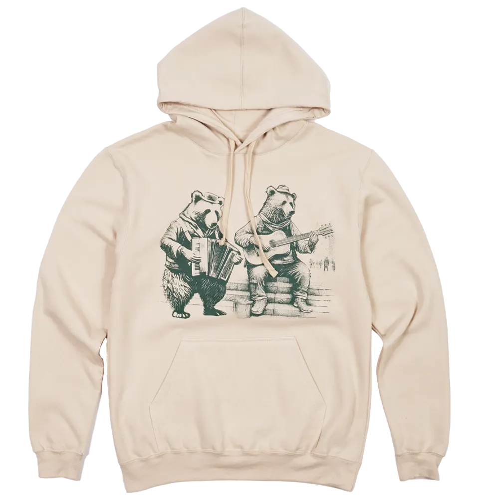 dark green vintage illustration of bears playing musical instruments together on sand coloured pullover hoodie