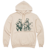 dark green vintage illustration of bears playing musical instruments together on sand coloured pullover hoodie