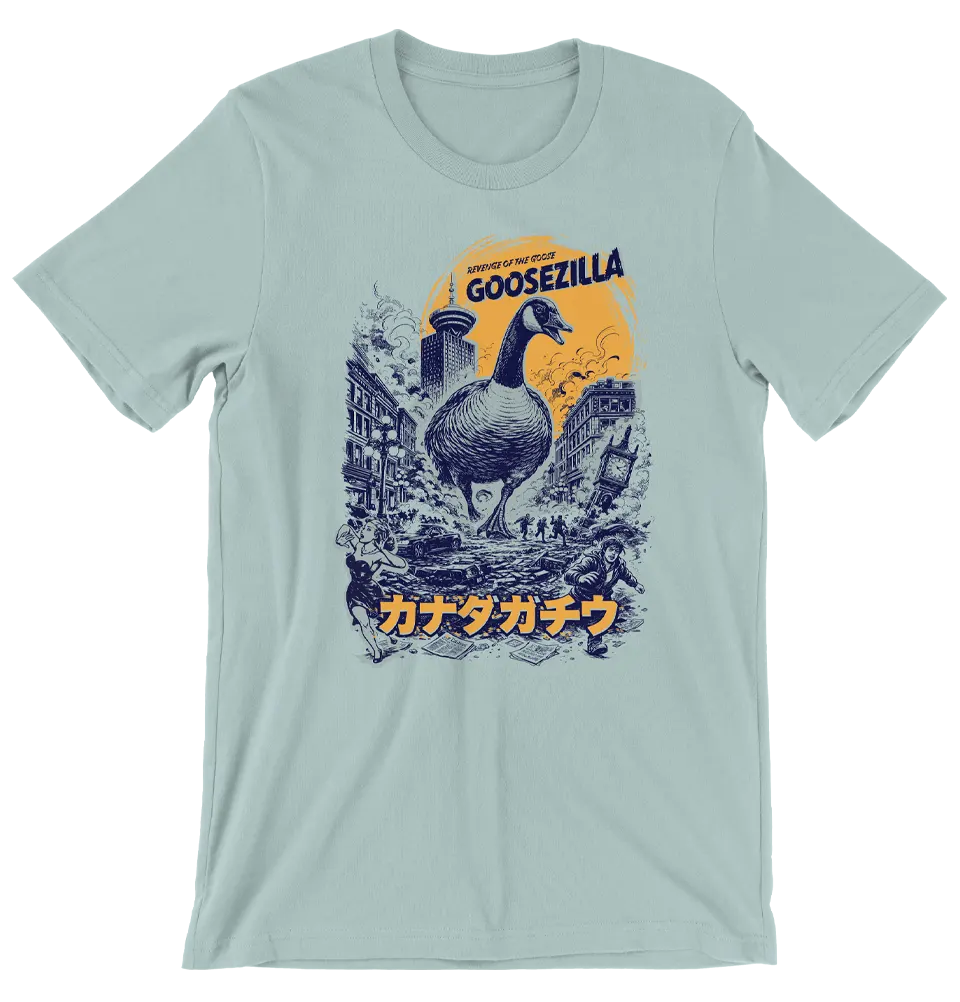 giant goose monster attacking Vancouver city illustration graphic t-shirt on dusty green fabric