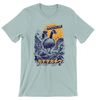 giant goose monster attacking Vancouver city illustration graphic t-shirt on dusty green fabric