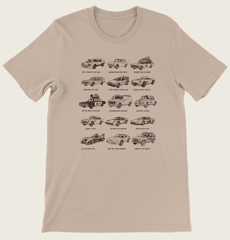 movie cars lineup graphic t-shirt tan cotton classic film car illustration design