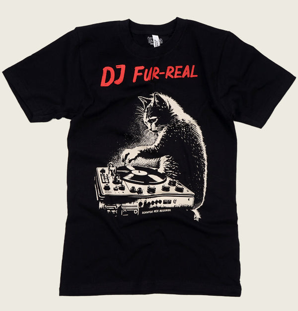 cat dj scratching turntables graphic t-shirt on black fabric with red typography