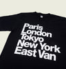 PARIS LONDON TOKYO NEW YORK EAST VAN Unisex T-shirt - EastVan.Supply - Tees.ca