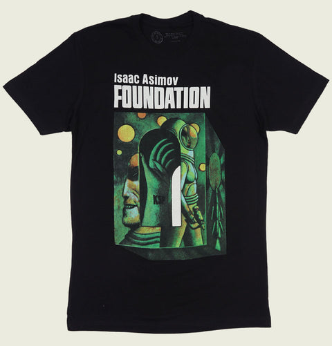 retro futuristic foundation sci fi artwork graphic t-shirt on black fabric